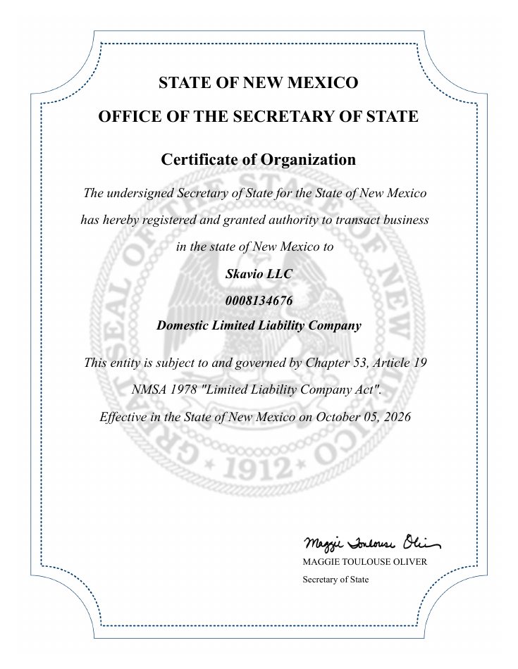 Official New Mexico Certificate of Organization for Skavio LLC, entity ID 0008134676